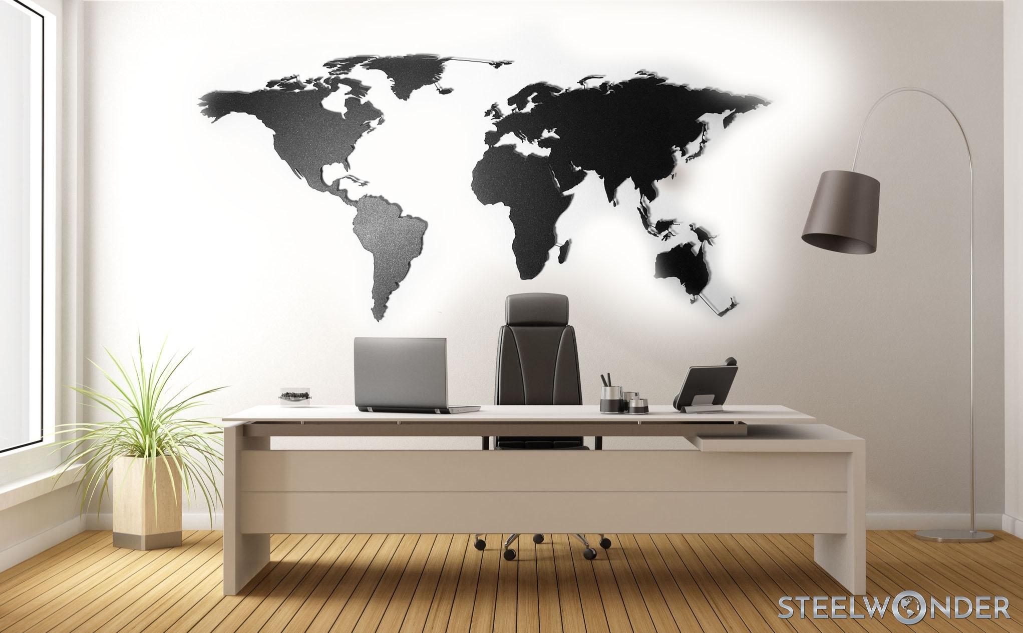 39086273 - minimalist office with desk and world map on wall - 3d rendering